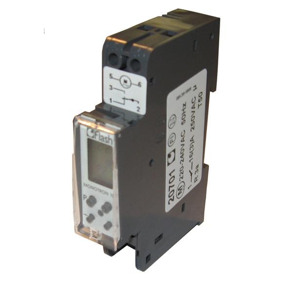 Order code: FT792 Flash 2070 Monotron 00 7 Day Digital Timer - Pre-Programmed Monotron 07 digital time switch Din rail mounting ( module wide) Supplied ready for wiring Time factory-set program