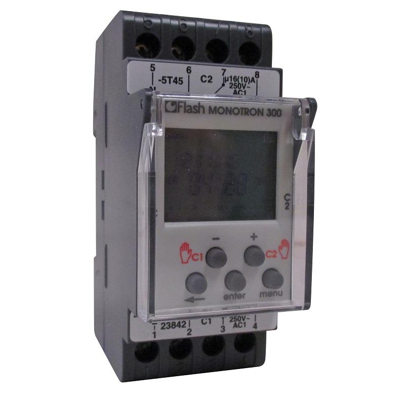 Order code: FT842 Flash 2842 Monotron 00 Basic 7 Day Digital Timer - 2 Channel Monotron 00 time switch for modular boards Very simple programming with a navigation button Din rail mounting (2 modules