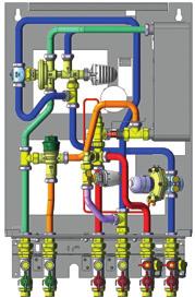 The differential pressure causes the diaphragm to open or close the flow of heating water and the cold water flow for the heat exchanger, while at the same time regulating the temperature of the hot