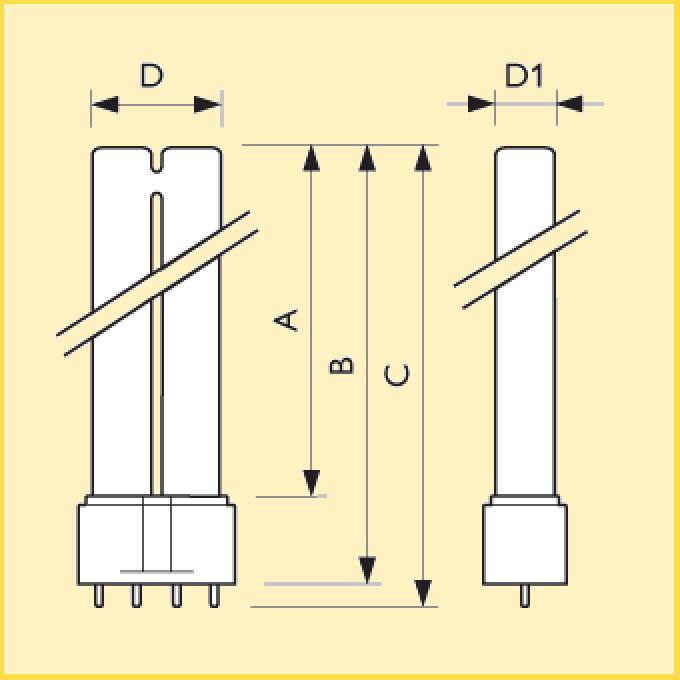 B C D E F A Product Description Energy-saving compact fluorescent lamps Compact long-arc low-pressure mercury discharge lamp Envelope consists of 2 parallel fluorescent tubes Product Features 4-pin