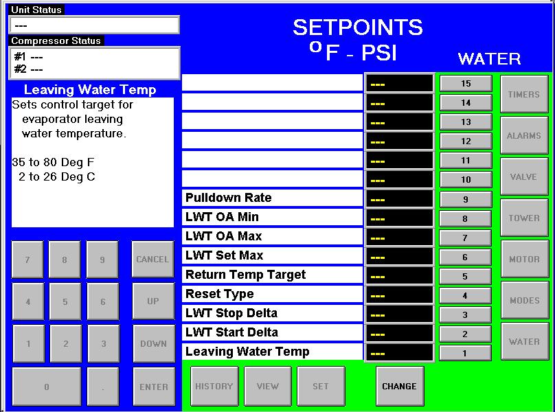 For example, to change the hot water set point, press SET from any screen, then press the WATER button and this screen appears, press button #1, Leaving Water Temperature, and you are ready to input
