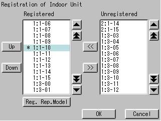 System Settings Menu Screen Registration of Indoor Unit 8 6 Screen Confirm 8 5 3 34 7 8 Setting of the FC Change Over. The Registered list q shows indoor units registered in a control group.
