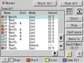 List Display for Collective Monitoring of Air Conditioners Connected to intelligent Touch Controller When operation is normal and any air conditioner is in operation : Red / Normal When operation is