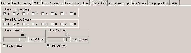 Internal Horns Tab 2 x Internal Horns, Horn 1 & Horn 2, are supplied with each 725B Annunciator and these can be assigned to follow any of the Horn Groups. In the example shown below:- 1.