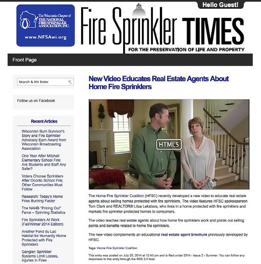 (07/25/14) Northern Illinois Fire Sprinkler Advisory Board s Fire Sprinkler Times e-newsletter (08/27/14) Sprinkler Age Weekly News