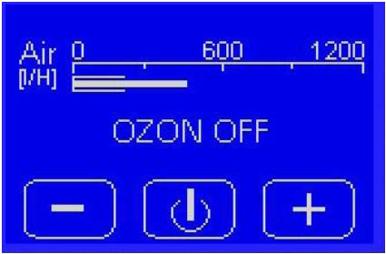 The display ozone OFF means that ozone generation is switched off. The upper bar graph indicates the volume of the air flow through the device (in l/h).