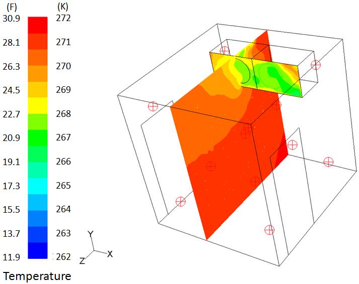 FIGURE D-2 TEMPERATURE CONTOURS AT THE EVAPORATOR EXIT AND AT THE PLANE PASSING VERTICALLY THROUGH THE RUNNING FAN.