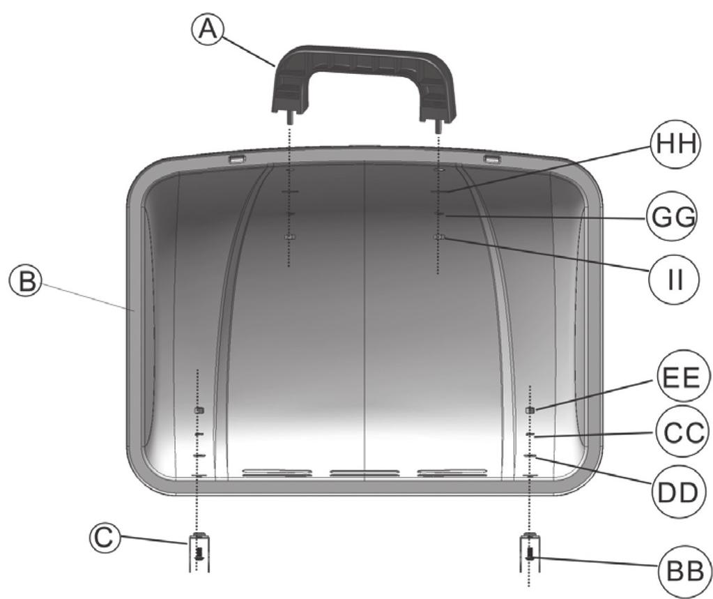 STEP 9 a) Insert the pre-attached bolts on the lid handle (A) into the holes on the front of the lid and seal with one flat washer (HH), one spring washer (GG) and one nut