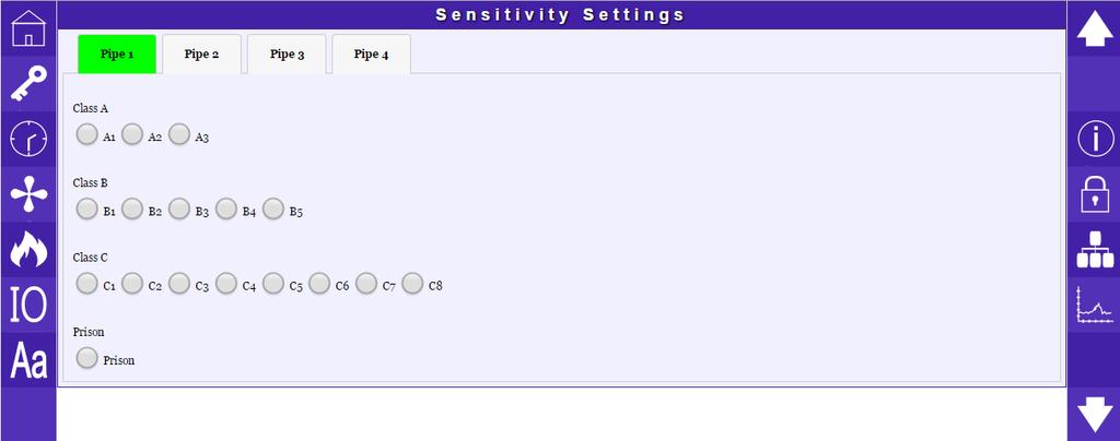 7.8 Sensitivity Settings Click the sensitivity settings icon commissioning the sensitivity settings. to the left of the display. Ensure you are logged in to enable Refer to section 6.