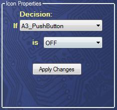 In order for the decision icon to turn on the buzzer, the LED and the time delay when the button is pressed, the group function can be used.