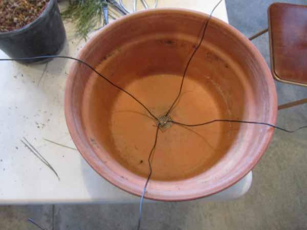 One of the trickier situations is figuring out how to arrange wires to tie in your tree, when the pot has only a single drain hole and no wire holes.
