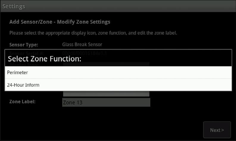 15. A list of all of the sensors currently paired to your Touchpad will appear. 16. Select the sensor you have just paired (labelled Zone #). Modify the zone function as desired.