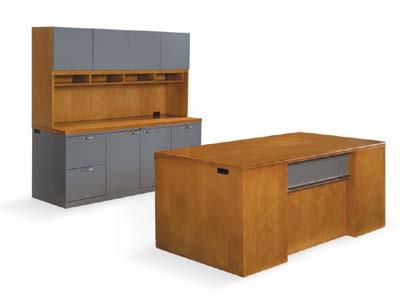 storage. (Desk shown with optional painted modesty panel, and storage unit shown with contrasting wood and paint finishes.