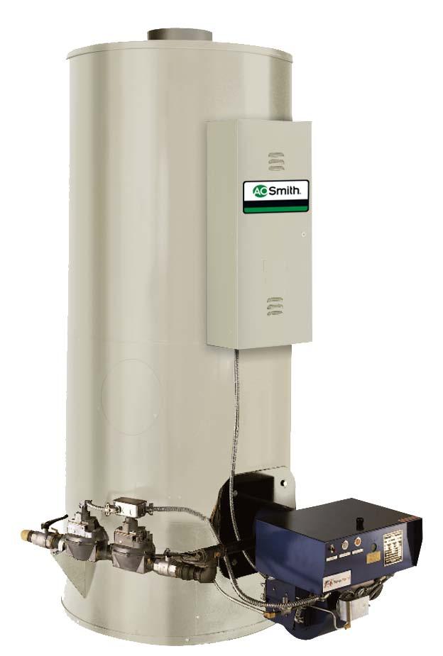 O. Smith tank-type water heating systems available with storage/input options up to 600 gallons/2,500,000 BTU/hour and recoveries as high as 2,424 gallons/hour at 100 F rise.