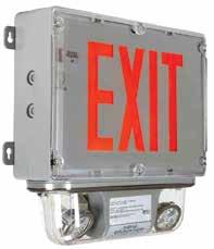 SPECIFICATIONS hazloclighting 120-277 Universal Voltage Explosion Proof LED Emergency Exit Sign The Director 10W explosion proof LED emergency exit sign with halogen bug eyes