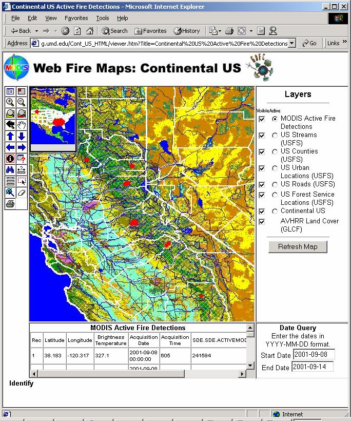 Wildfires in California MODIS active fire detections - MOD 14 product on Web - superimposed with US Forest Service park