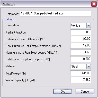 Figure 2-89: Radiator editing dialog showing inputs for