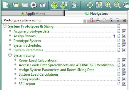 System Prototypes & Sizing Navigator provides a two-stage (room/zone level then system/plant level) autosizing process that includes tools for calculating ASHRAE 62.