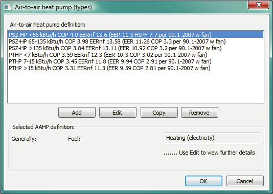 Figure 2-24: Air-to-air heat pump (types) dialog This facility supports defining the performance characteristics of one or more AAHP types. The entities defined here are types.