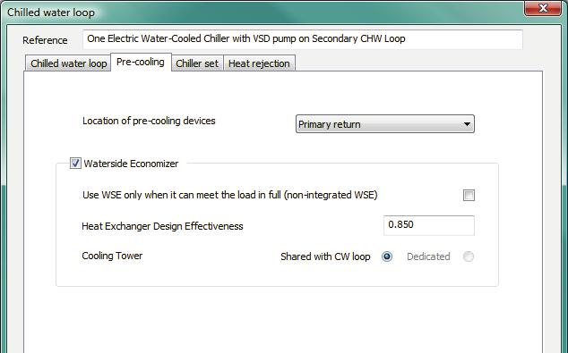 Figure 2-34: Pre-cooling tab on Chilled water loop dialog (shown with inputs for an illustrative integrated waterside economizer) 2.8.3.1 Location of Pre-cooling devices Select the location of the pre-cooling device.