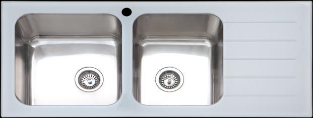 Monda Glass Sinks MONDA- Glass 1 & 3/4 Bowl Sink With Drainer- White Size: 1160 х 500 х 200mm F/L: 5110347 (RH) &