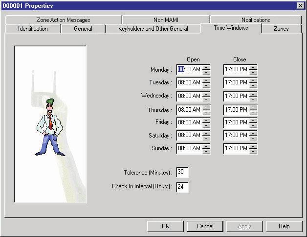 Step4 In the Time Windows screen, the administrator can select: o The Open and Closing times for the customer o The tolerance for the opening and closing times, set in minutes o The check in interval
