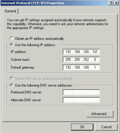 3. Within the General menu choose the Use the following IP address option. The IP-address is bound to the IP-address of the CU and the Subnet mask. (e.g.: with the subnet mask 255.