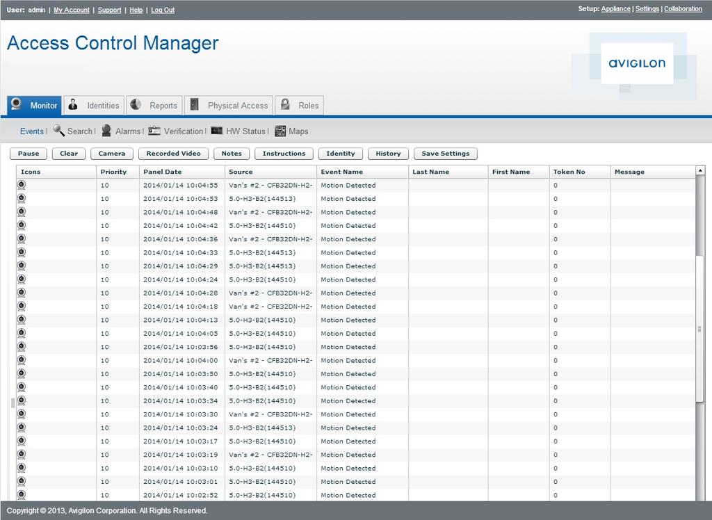 1. In the Access Control Manager application, select Monitor > Events. 2.