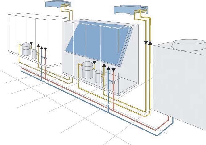 The Air Cooled system uses refrigerant as the heat transfer medium. Room air recirculates through the InRoom unit which houses the evaporator coil, scroll compressor, and refrigeration system.