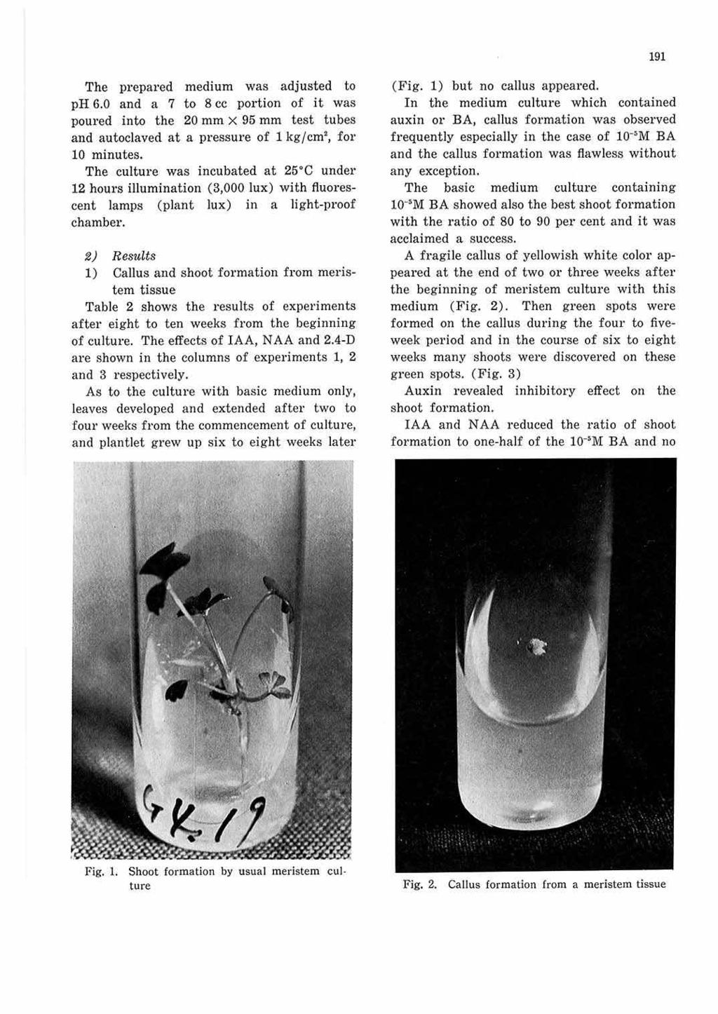 191 The prepared medium was adjusted to ph 6. and a 7 to 8 cc portion of it was poured into the mm X 9 mm test tubes and autoclaved at a pressure of 1 kg/cm, for 1 minutes.