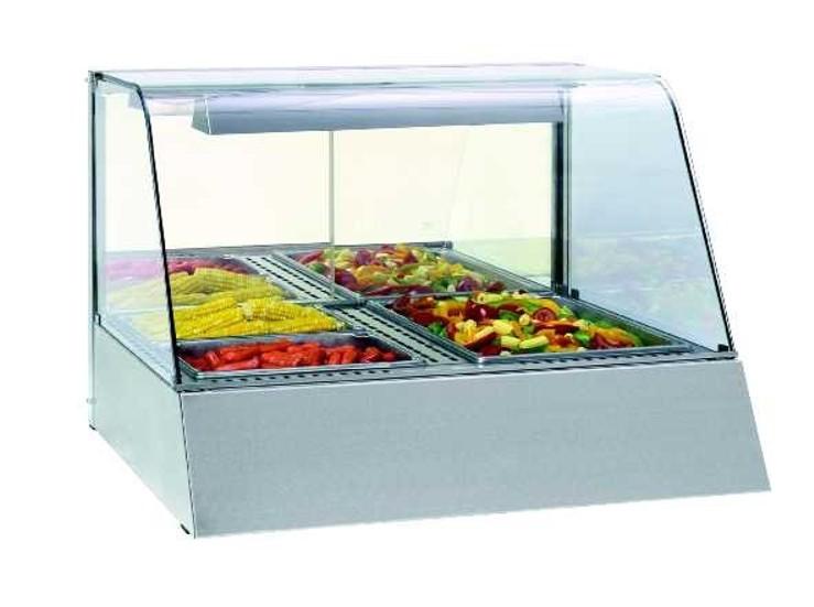 Curved glass display and mirrored doors maximize product visibility.