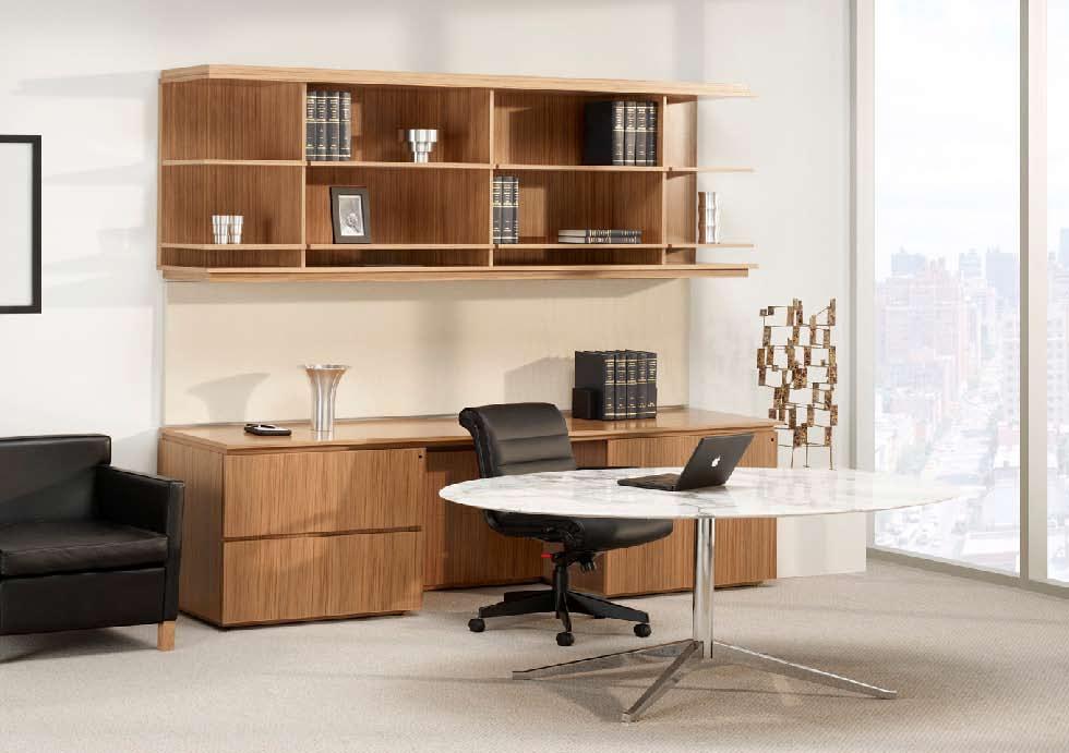 Classic Composition Double-tier open overhead with signature cantilevered open shelves and credenza with lateral files and hinged modesty with access in Teak, Straw, with integral