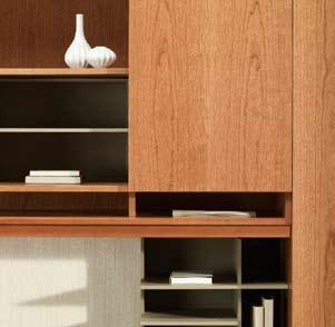 The Art of Storage Double-wide hinged-door desktop tower, double-tier hinged-door and open overhead with insert dividers in Dark Taupe, credenza with pedestal, lateral files and open