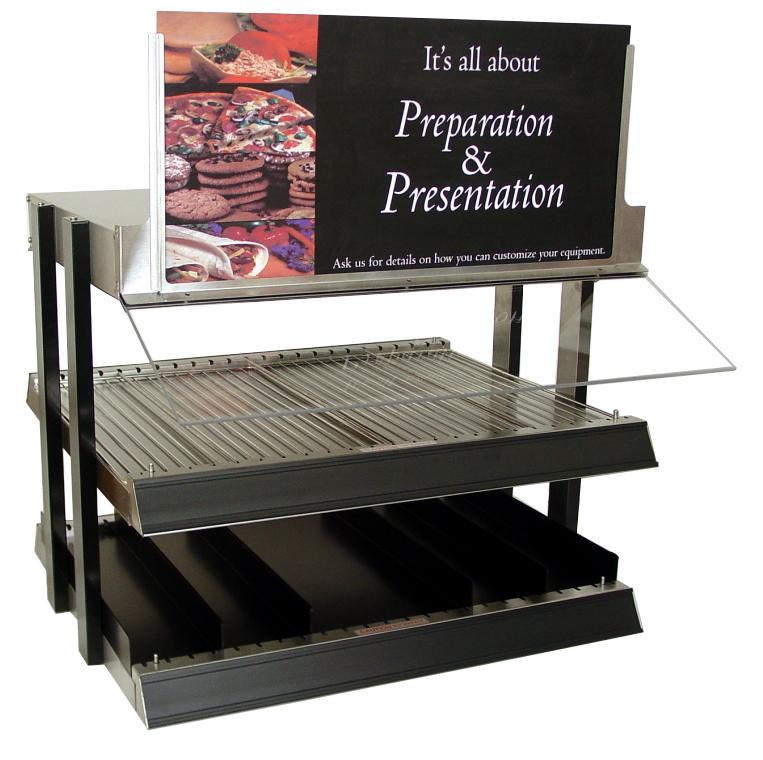product on both heated surfaces - (2) 2 x24 display channels that allow you to slide in custom graphics - Sturdy, durable stainless steel construction - Slanted shelf/base units available that have