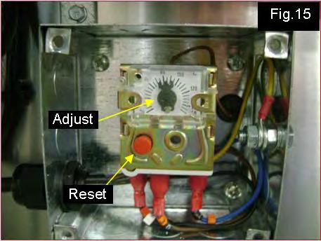 Reset temperature to 85 C and reset thermostat by depressing red pushbutton on front of unit (See Fig.