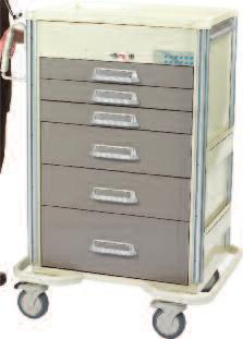 32"W x 46 1 4"H x 25"D 6 drawers with key lock Drawer configuration: (3), (2), (1) 5" all-swivel casters (1 directional, 2 locking) Durable powder-coat paint 20-gauge steel 167 lbs.