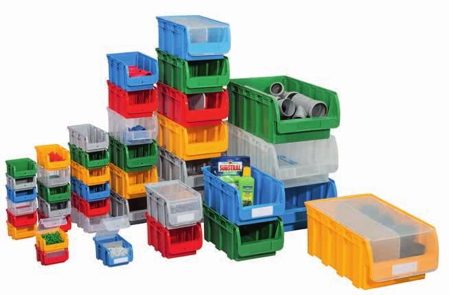 Stacking clips allow the boxes to be piled up. The bins come in four different standard colours and seven sizes.