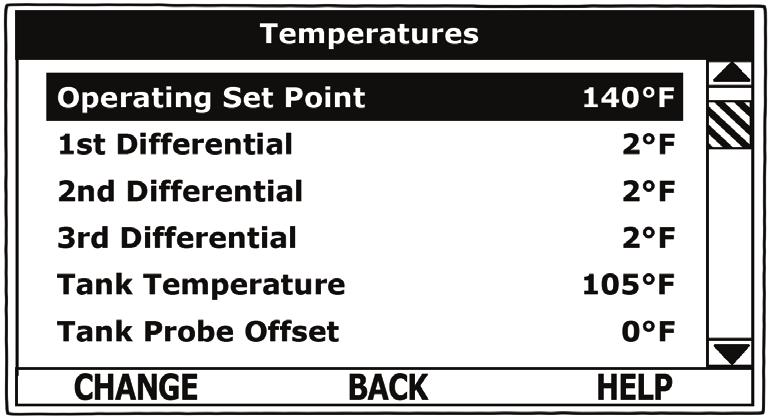 DISPLAY With Temperatures selected (highlight in black) in the Main Menu, press the Operational Button underneath SELECT to enter the Temperatures Menu.