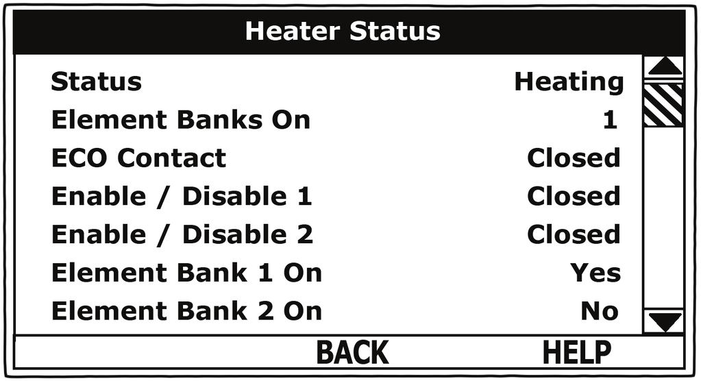 HEATER STATUS MENU ELECTRONIC CONTROL SYSTEM This menu displays non adjustable operational information. This menu contains more information that can be displayed on one screen of the LCD display.