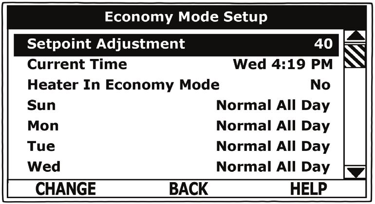 DISPLAY Use the Up/Down buttons to select (highlight in black) the Economy Mode Setup menu from the Main Menu. Press the Operational Button underneath SELECT to enter the Economy Mode Setup menu.