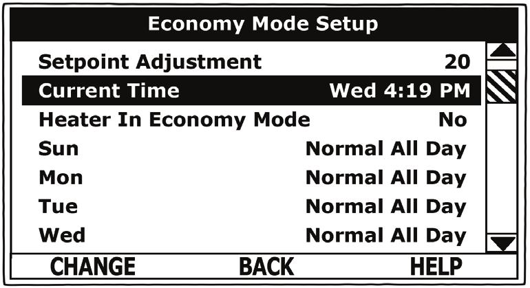 Economy Mode Settings Time Clock Settings ELECTRONIC CONTROL SYSTEM ACTION From the Desktop Screen navigate to the Economy Mode Setup menu - see page 56 for instructions.