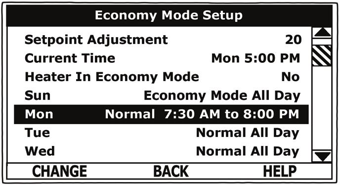 Economy Mode Settings Daily Operating Mode Settings ACTION Economy Mode All Day: ELECTRONIC CONTROL SYSTEM From the Economy Mode Setup menu use the Up/Down buttons to select (highlight in black) the