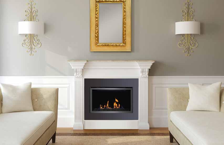 Apartment B-Vent Replacement Bradley 36 gas fireplace with decorative 3-piece shroud and black fire glass The BRADLEY 36 specifications The Bradley 36 Apartment B-Vent Replacement Flush clean face