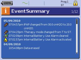 Info menu Event Summary Event summary displays the summary of three types of events: changes in settings, alarms and system events (eg, connection of