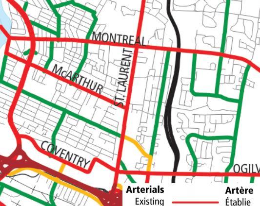 St. Laurent Boulevard is an Arterial Road that accommodates all modes of transportation. These modes include walking, cycling, public transit and driving.