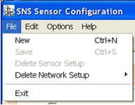 Appendix A: SNS Battery Sensor Configuration Tool (Advanced Use) File Menu Figure 26: File Menu Table 14: File Menu Menu Item New Save Delete Sensor Setup Description The SNS Sensor Configuration