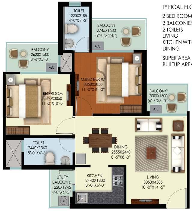GREATER NOIDA (WEST) ENTRY MIG-1 Typical Floor Plan: 2 BHK Super Area: 1000 sq. ft.