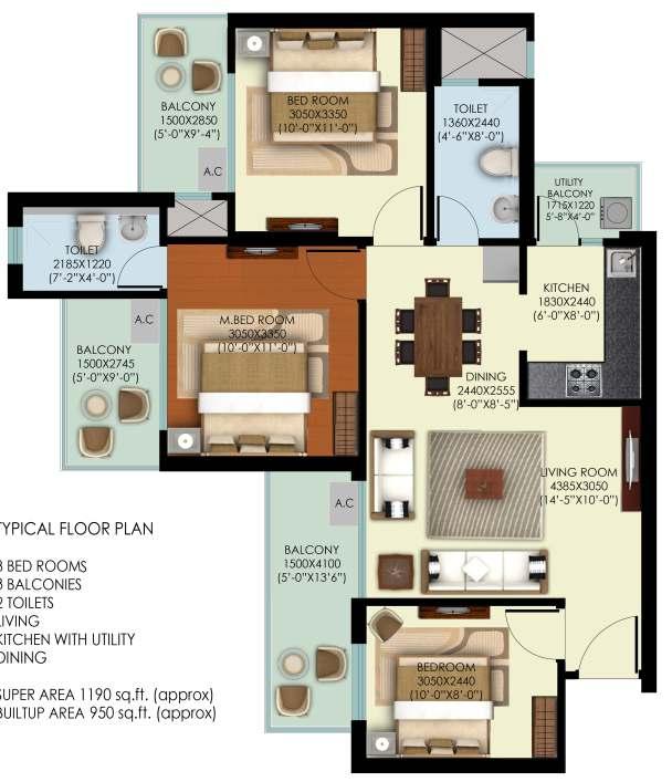 GREATER NOIDA (WEST) ENTRY HIG-1 Typical Floor Plan: 2 BHK+Study Room Super Area: 1190 sq. ft.