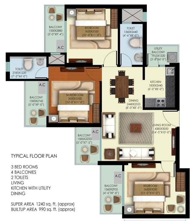GREATER NOIDA (WEST) ENTRY Typical Floor Plan: 3 BHK Super Area: 1240 sq. ft.