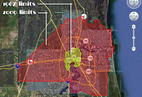 Green = Jacksonville's city limits (current urban core) before consolidation in 1968
